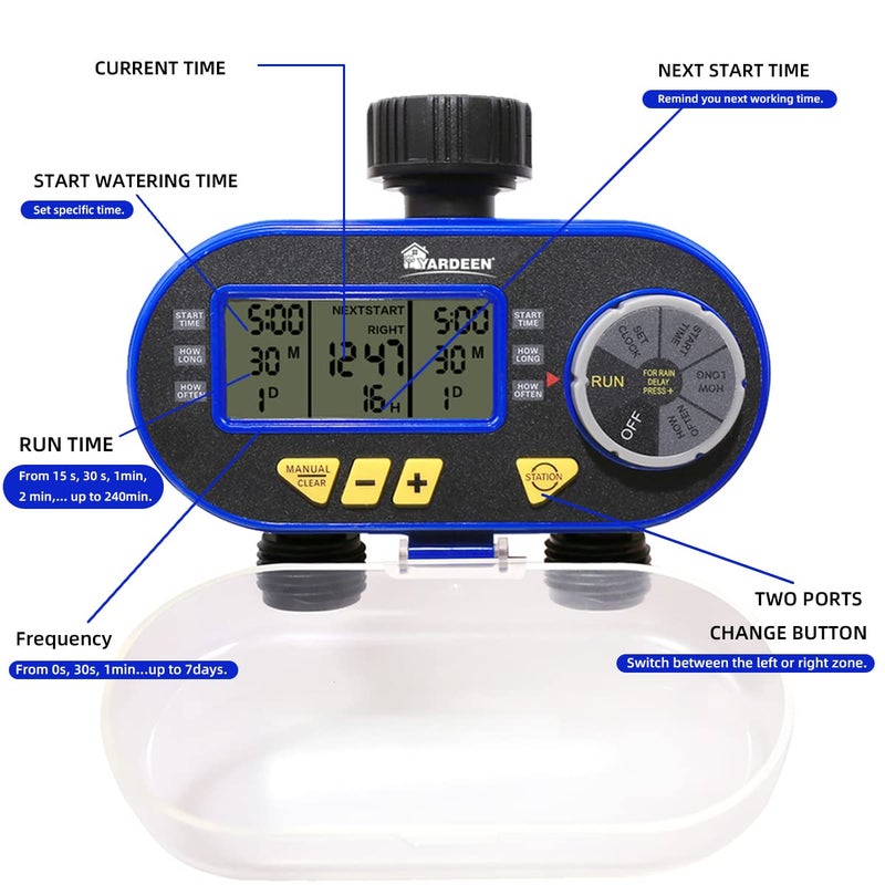 Yardeen Sprinkler Timer for Garden Hose, Programmable Hose Timer with Rain Delay/Manual/2 Solenoid Valves Garden Electronic Irrigation Controller System Color Blue - Image 4